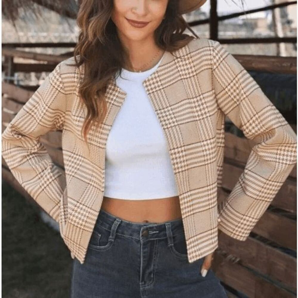 Roolee Women's Open Front Plaid Houndstooth Blazer Tan size Small